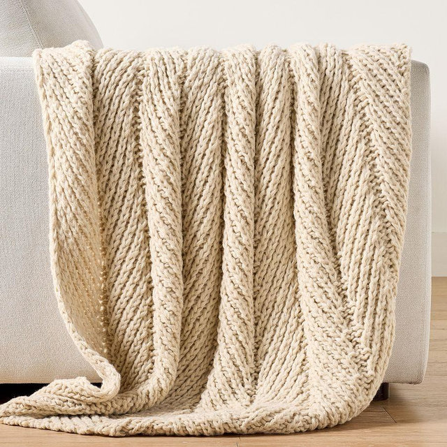 Chevron Knitted Chunky Throw, Oatmeal, 50" x 60"