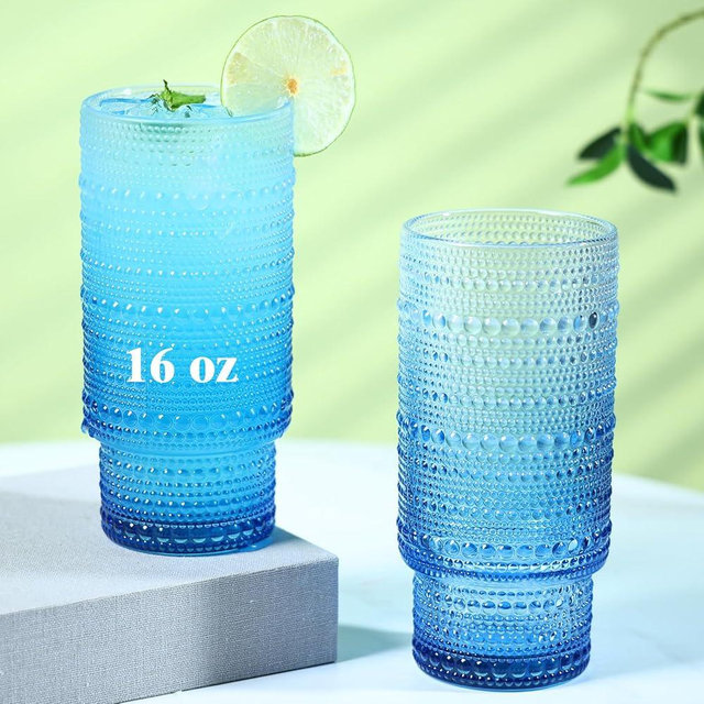 Cowjut 6pcs Hobnail Drinking Glasses Set, 16 oz Vintage Glassware Drinking Glasses, Gradual Blue Water Glasses Tumbler, Cups for Kitchen, Juice, Beer, Cocktail, Whiskey
