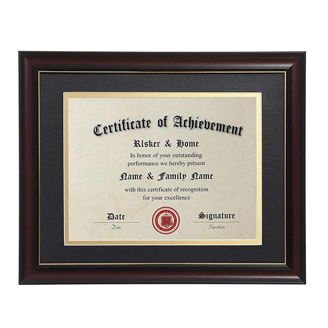 ELSKER&HOME 8.5×11 Certificate Frame - Classic Cherry Wood Color - 2.0 mm Panels - 8.5×11 Inch with Mat -11×14 Inch Without Mat - for Document/Photo (Double Mat,Matte Black with Gold Rim)