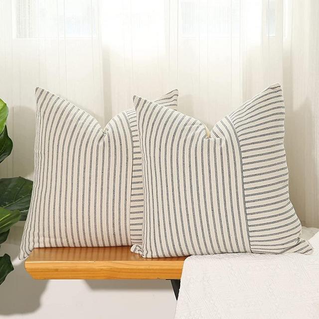 Hckot Grey and Beige Patchwork Farmhouse Throw Pillow Covers 24 x 24 Inch, Pack of 2 Striped Linen Decorative Pillow Case for Sofa Couch Chair Bedroom Modern Decor (24" x 24", Grey)