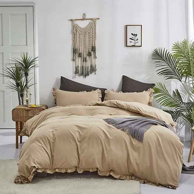 CLOTHKNOW Champagne Comforter Set California King Light Brown Ruffle Bedding Comforter Set Cal King Farmhouse Boho Comforter Khaki Bed Comforter Sets Beige Comforter 3Pcs Taupe Comforter