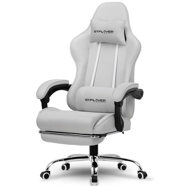 GTPLAYER Gaming Chair with Footrest, Computer Chair with and Lumbar Support, Height Adjustable Game Chair with 360°-Swivel Seat and Headrest and for Office or Gaming (All Light Gray-Fabric)