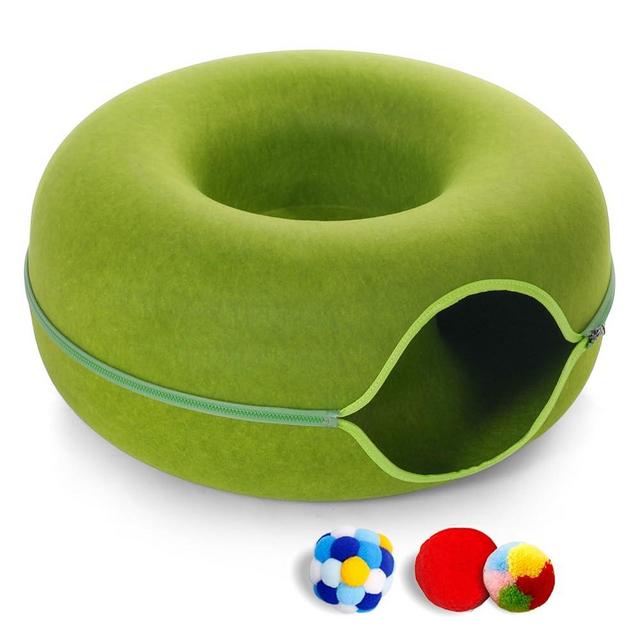 PLIISLUP Large Cat Tunnel Bed for Indoor Cats with 3 Toys, Scratch Resistant Donut Cat Bed, Up to 30 Lbs (L 24x24x11, Green)