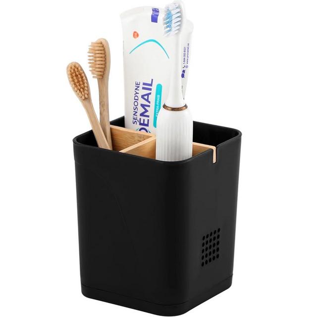 Electric Toothbrush Holder 3 Slots Tooth Brushing Holder with Bamboo Dividers for Bathrooms, Plastic Toothbrush and Toothpaste Organizer for Shower, Countertop, Vanity, Black