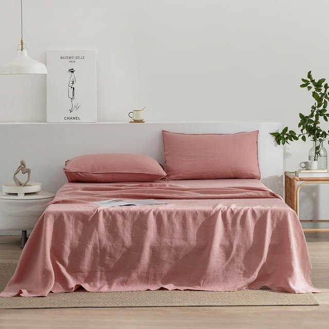 EVERLY Linen Queen Sheets Set, 100% Stonewashed French Linen Bed Sheets Deep Pocket Sheets, 4 Pieces (1 Flat Sheet, 1 Fitted Sheet, 2 Pillowcases) Natural Flax Bedding Set,Pink