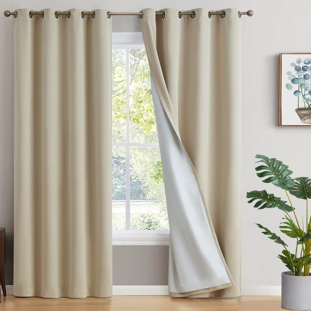 HLC.ME Dakota 100% Complete Blackout Lined Drapery with Double Layer Thermal Insulated Energy Efficient Soundproof Curtains Grommet Panels for Bedroom & Living Room, 2 Panels (52 W x 84 L, Beige)