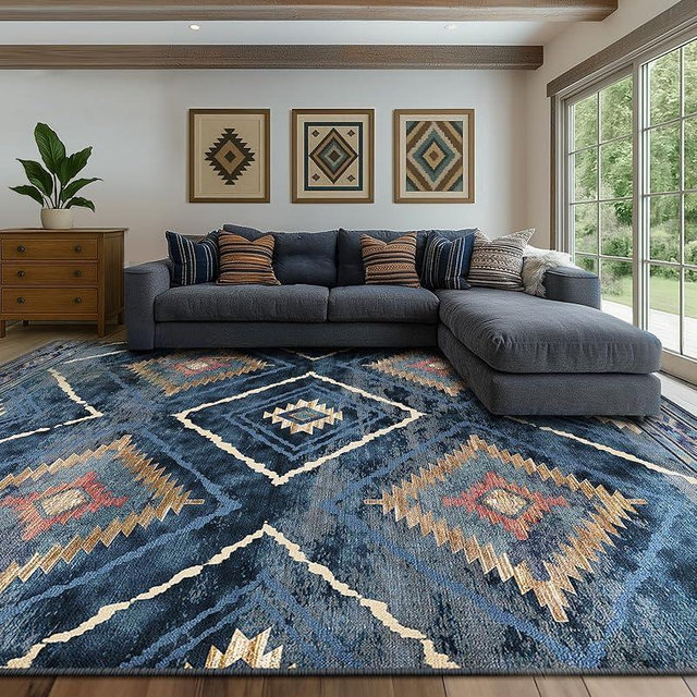 Area Rug 9x12 Rug Machine Washable Non-Slip Low Pile Print Pattern Western Rug for Living Room Bedroom Entryway Tribal Series -Darkblue