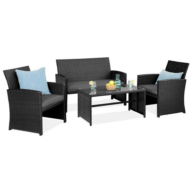 Best Choice Products 4-Piece Outdoor Wicker Patio Conversation Furniture Set for Backyard w/Coffee Table, Seat Cushions - Black/Gray