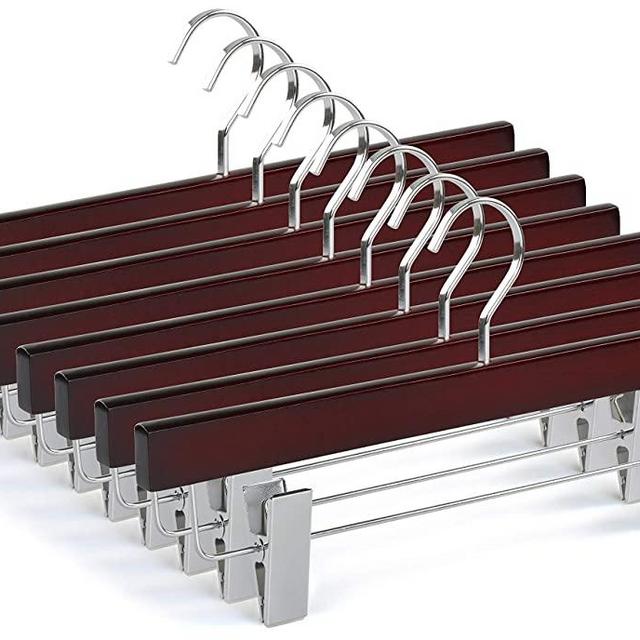 TOPIA HANGER 20-Pack Cherry Wooden Pants Hangers, Luxury Wood Skirt Hangers, Glossy Finish with Extra Thick Chrome Hooks & Anti-Wrinkle Clips CT03M