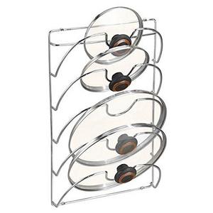 mDesign Metal Wire Pot and Pan Lid Rack Organizer for Kitchen Cabinet Doors or Wall Mount - Upright Storage Holder with 5 Slots - Chrome