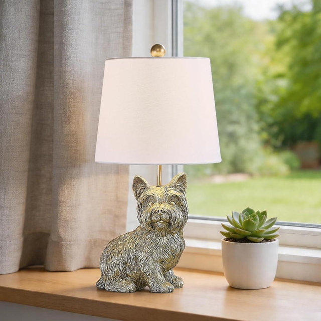 Crestview Collection Yorkie Table Lamp, 22" H Gold Resin Dog Lamp with White Linen Tapered Drum Shade, Sculpted Animal Lamp for Bedroom Kids Room Decor Gifts, Matte Gold & Bronze