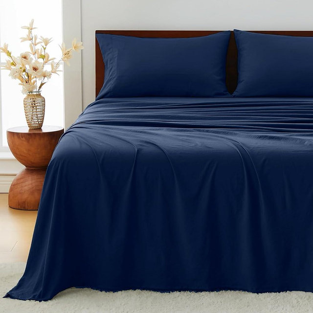 GOKOTTA 4-Pcs King Size Sheets Set, 10-16" Deep Pocket, Non-Slip Elastic Corner Straps, Washed & Brushed Microfiber Polyester - Hotel Luxury, Ultra Soft, Breathable, Wrinkle-Free, Anti-Rip - Navy Blue