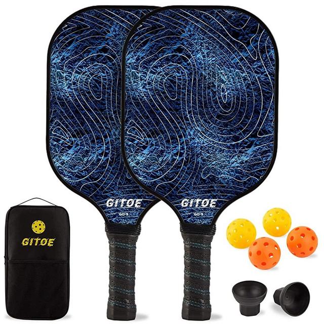 GITOE Pickleball Paddles, Carbon Fiber Pickleball Set of 2 Rackets & 4 Pickle Balls Great Control Lightweight Graphite Raquettes with 2 Retriever, Pickelball Gifts for Women Men Kids