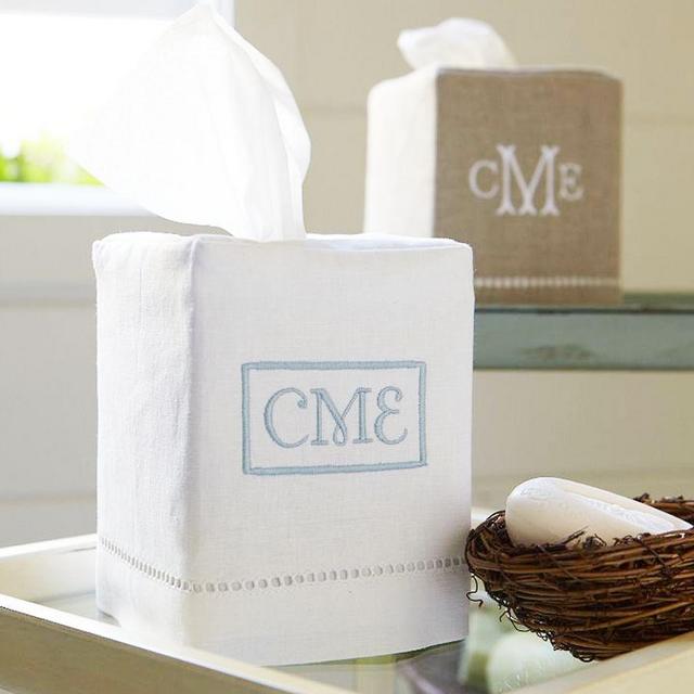 Linen Hemstitch Tissue Box Cover, White