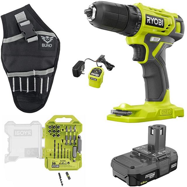 Drill Set Bundle with Ryobi 18V ONE+ Drill Driver, Multipurpose Drill Bits, 1.5 Ah 18-Volt Battery, Charger and Buho Drill Holster