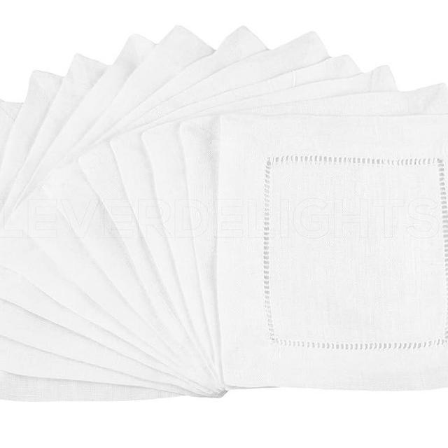 CleverDelights White Hemstitch 6" Cocktail Napkins - 12 Pack - 55/45 Linen Cotton Blend