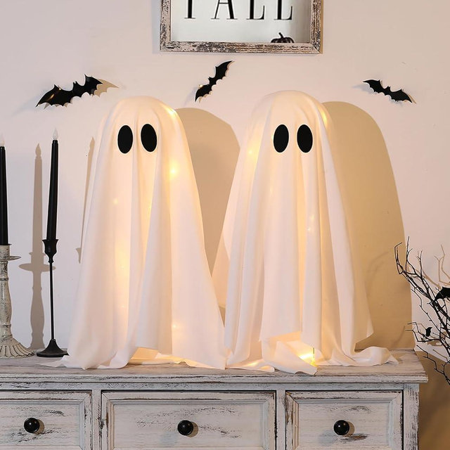 Halloween Decorations -2 Packs Spooky Ghosts with String Lights-Scary Ghost for Halloween Decor Indoor Party Home Table Room Kitchen and Fireplace Decor
