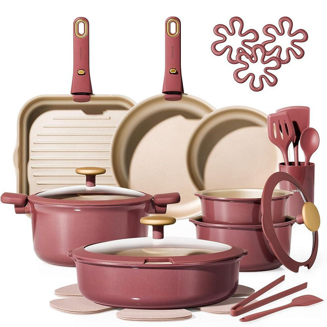 CAROTE 26 PCS Titanium Reinforced Nonstick Cookware Set with Detachable Handle, Pots and Pans Set Induction Compatible, Dishwasher & Oven Safe, Removable Handle, Red