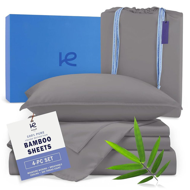 Kickoff Viscose Bamboo Sheets King Size 4-pc 100% Organic Bamboo Viscose Bed Cooling Sheets King Size Set Cool Bedding for hot Sleepers Sheet Set - Gift Ready Packaging (Dark Grey,K)