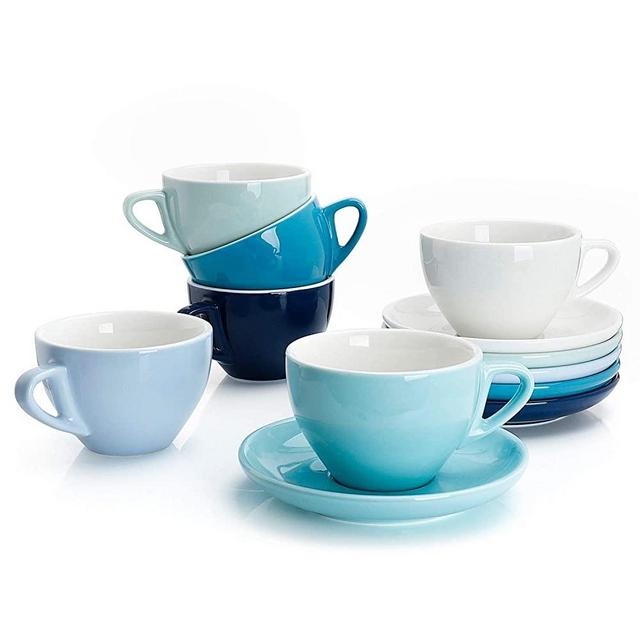Sweese 403.003 Porcelain Cappuccino Cups with Saucers - 6 Ounce for Specialty Coffee Drinks, Latte, Cafe Mocha and Tea - Set of 6, Cool Assorted Colors