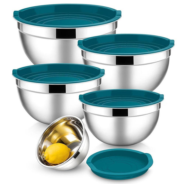 E-far Mixing Bowls With Lids Sets of 5, 10-Piece Stainless Steel Salad Metal Nesting Bowl for Baking Cooking and Prepping, Airtight Lid & Stackable Design, Size 4.6, 3, 2.1, 1.5, 0.7 QT, Blue