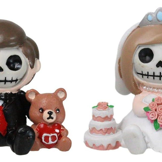 Ebros Gift Set of 2 Mr and Mrs Furrybones Bride and Groom Couple Monster Skeletons Home Decor Figurine Furry Bones Skulls Skeletons Halloween Sculpture