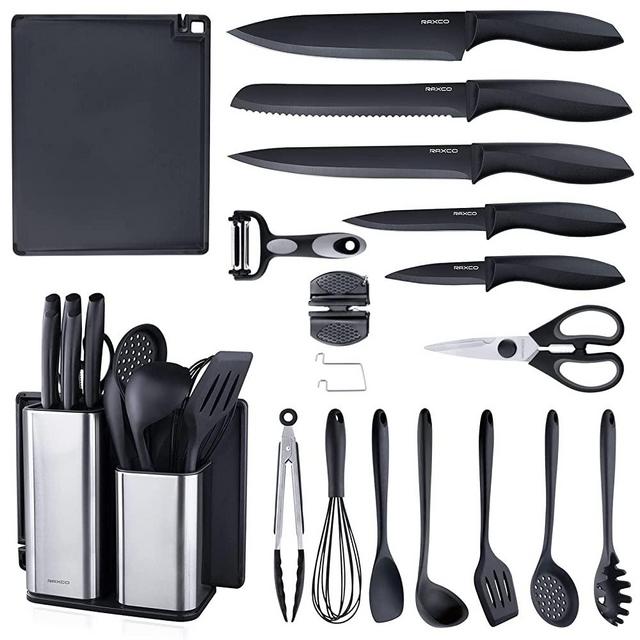 18 Pieces Black Kitchen Set Cooking Utensils Set Stainless Steel Knife Set with Block, 7 Piece Silicone Cooking Utensils Set with Scissors Vegetable Peeler Knife Sharpeners Cutting Board