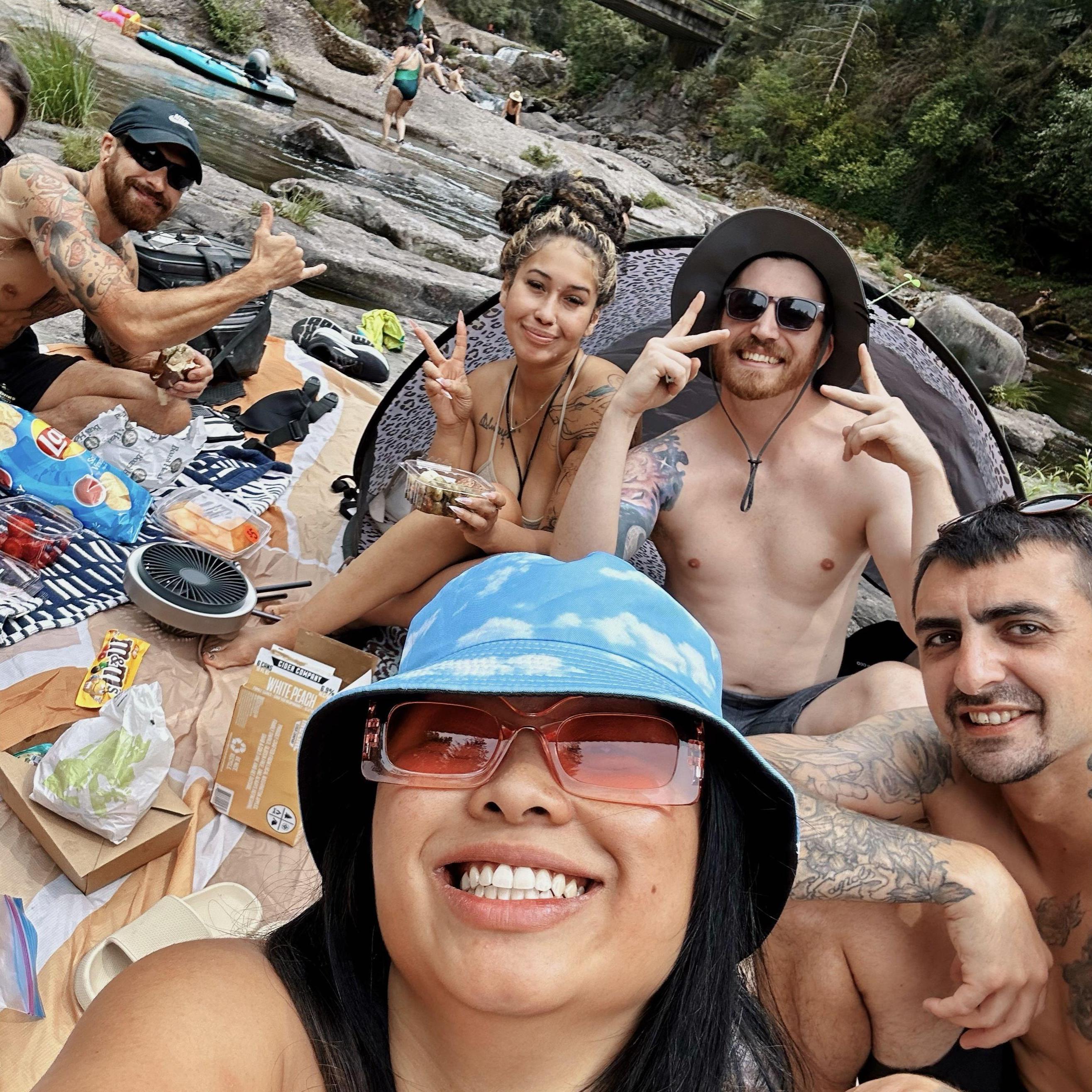 Summer 2024 fun with our A1 crew at Dougan Falls (see waterfall in background) ft. our wedding party from left to right: Best Man Keaton, Bridesmaid Netta, and Groomsman Matt, and of course the soon to be newlyweds!