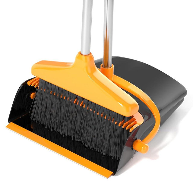 Broom and Dustpan Set for Home Long Handle (51" Length) Extendable Standing Dust Pan for Indoor Lobby Office Kitchen Cleaning (Black and Orange)