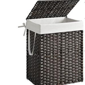 SONGMICS Laundry Hamper with Lid, 23.8 Gallon (90 L) Synthetic Rattan Clothes Laundry Basket with Lid and Handles, Foldable, Removable Liner, Chestnut Brown ULCB051K02