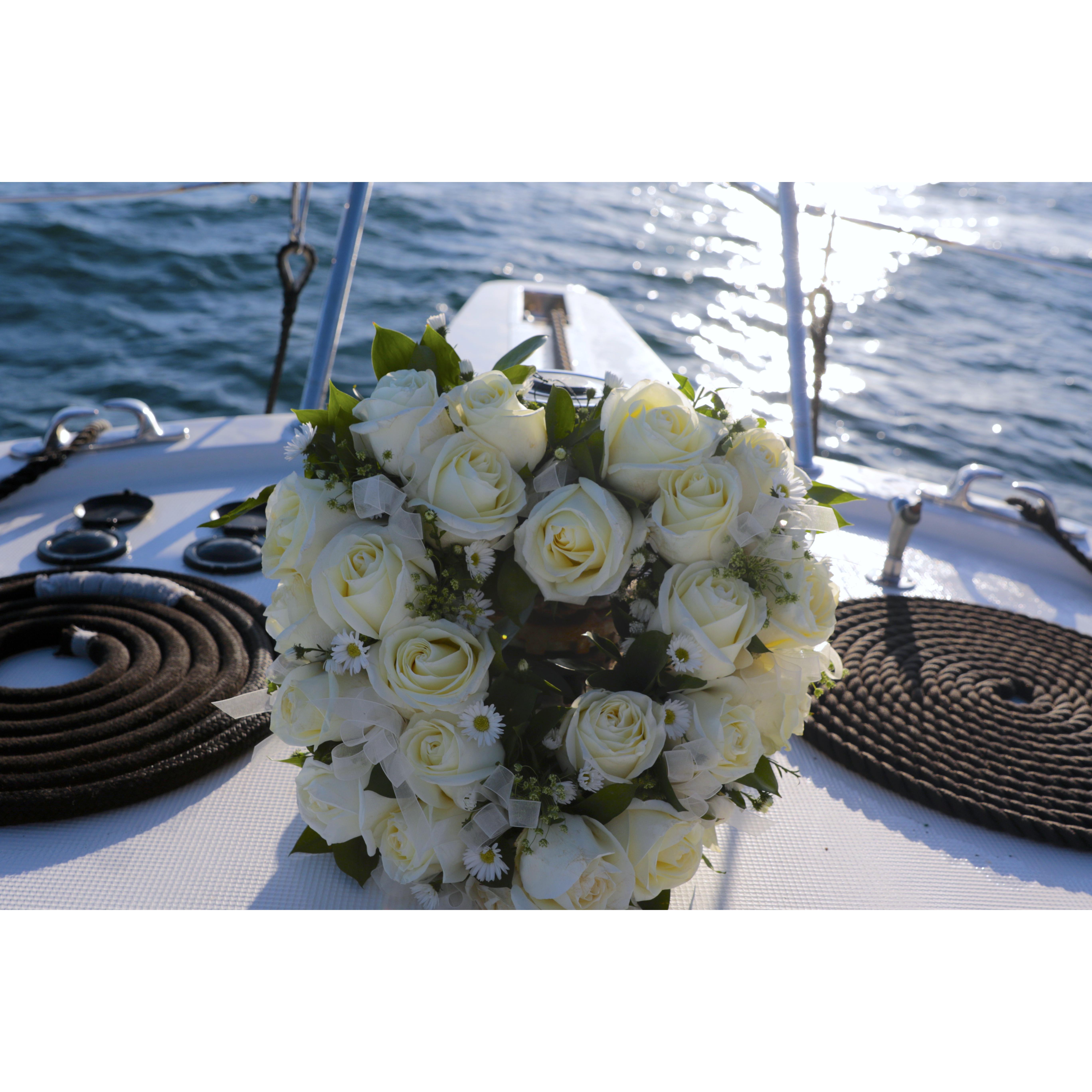 Beautiful floral arrangement on the bow of The Duchess.