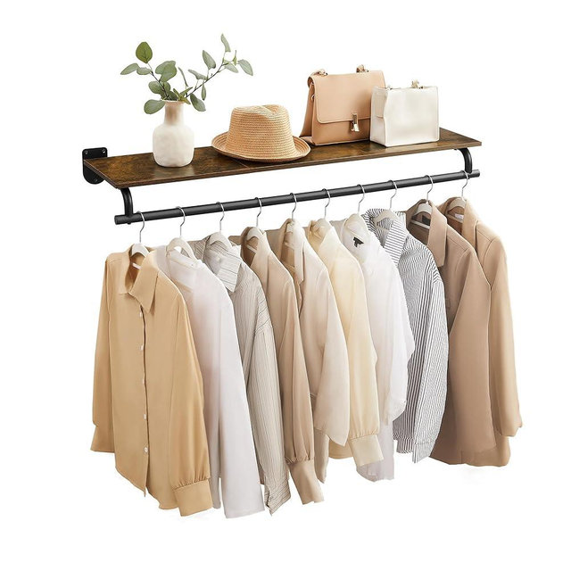 SONGMICS Clothes Rack with Top Shelf, Wall Mounted Clothing Rack, with Hanging Rod, Loads up to 77 lb, 11 x 42.9 x 5.2 Inches, Entryway, Bedroom, Closet, Rustic Brown and Ink Black UHSR135B01