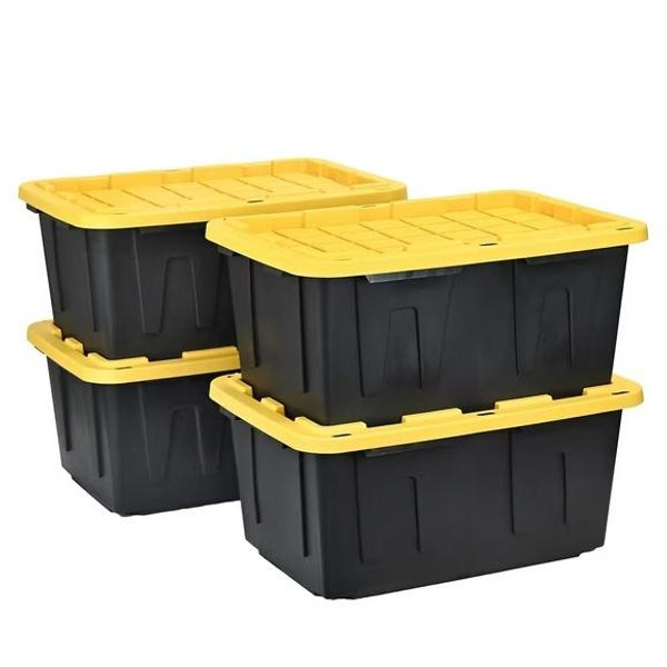 Project Source 4 -Pack Commander Large 27 -Gallons ( 108 -Quarts ) Black and Yellow Heavy Duty Stackable Tote with Standard Snap Lid
