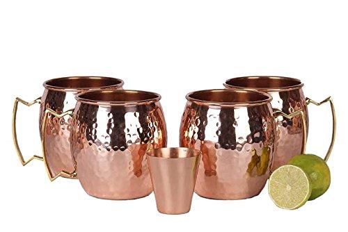 A29 Moscow Mule 100 % Solid Pure Copper Unlined Mug /Cup (16-Ounce/Set of 4, Hammered) with BONUS Shot Glass and Free Recipe Booklet