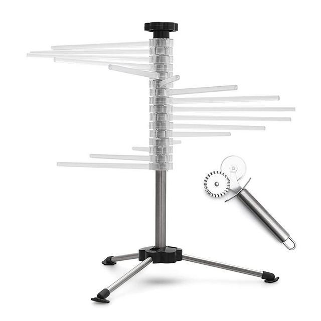 AdonisCrystal’s Collapsible Pasta Drying Rack - BPA Free Stainless Steel Noodle Dry Rack with 16 Foldable Arms and 4.5 Pounds Capacity of Pasta - Complete with a Bonus Double-Wheel Pasta Pizza Cutter