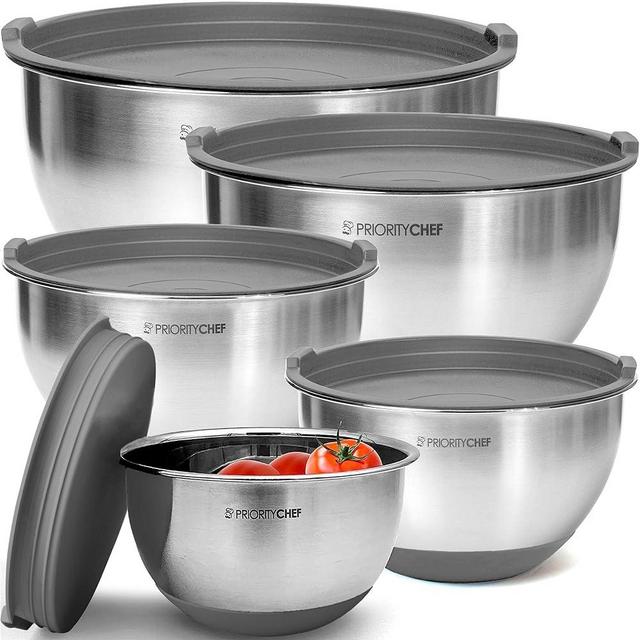 Priority Chef Premium Mixing Bowls With Airtight Lids Set, Thicker Stainless Steel Mixing Bowl Set, Large Prep Metal Bowls with Lids, Nesting Bowls for Kitchen, 1.5/2/3/4/5 Qrt, Grey