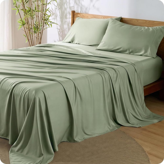 Bedsure PureWoven 100% Rayon Derived from Bamboo, Queen Sheets, 4 Pieces | Cooling Sheets for Hot Sleepers, Breathable & Silky Soft, 16" Deep Pocket, Hotel Luxury Bedding, Tea Green