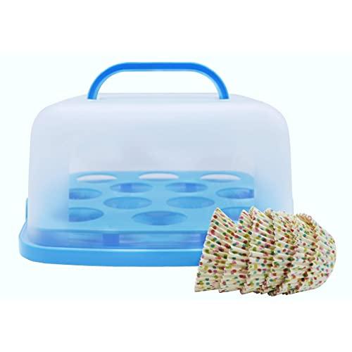 Cynergee Square Portable Cake, Pie, Cupcake, Muffin Carrier with Locking Lid and Collapsible Handles, Includes 50 All Occasion Paper Cupcake Liners, Blue