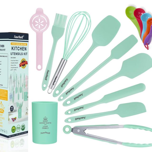 Aschef 15in1 Silicone Baking Spatula Utensils Set, High Heat Resistant Non-Stick Rubber Spatula Kit with Reinforced Stainless Steel Core BPA Free & Food Grade for Kitchen Cooking Baking Mixing