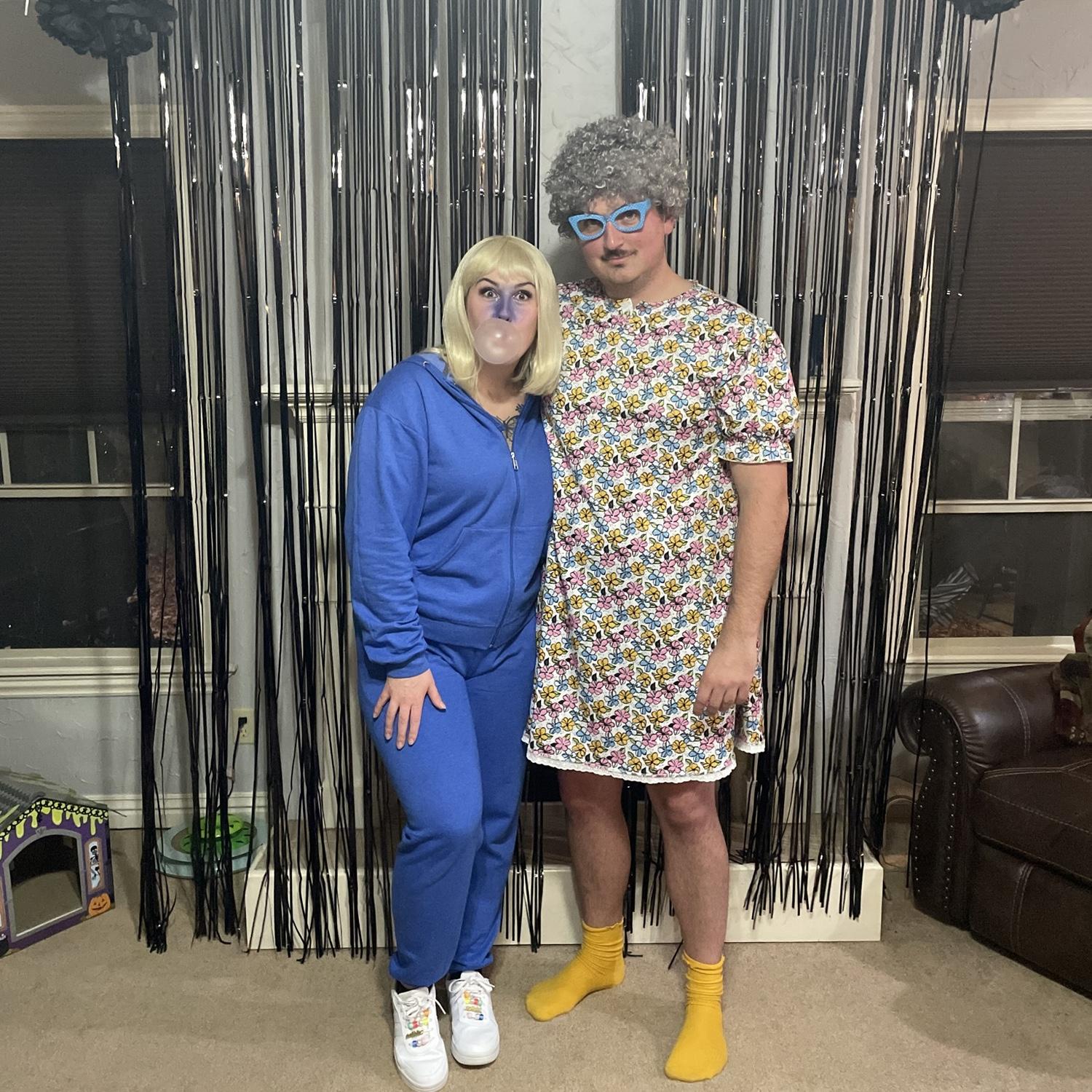 Halloween 2022, Violet from Charlie and the Chocolate Factory & and a nursing home escapee.