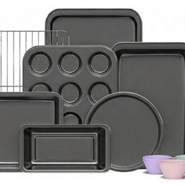 Gray- KITESSENSU Baking Pans Sets, Nonstick Bakeware Sets 19-Piece with Round/Square Cake Pan, Loaf Pan, Muffin Pan, Cookie Sheet, Roast Pan, Cooling Rack, Carbon Steel Bake Set