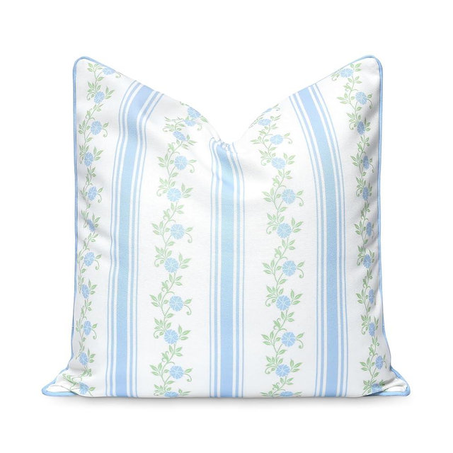Hofdeco Premium Coastal Patio Indoor Outdoor Throw Pillow Cover Only, 20"x20" Water Repellent for Backyard, Couch, Baby Blue Print Stripe Floral