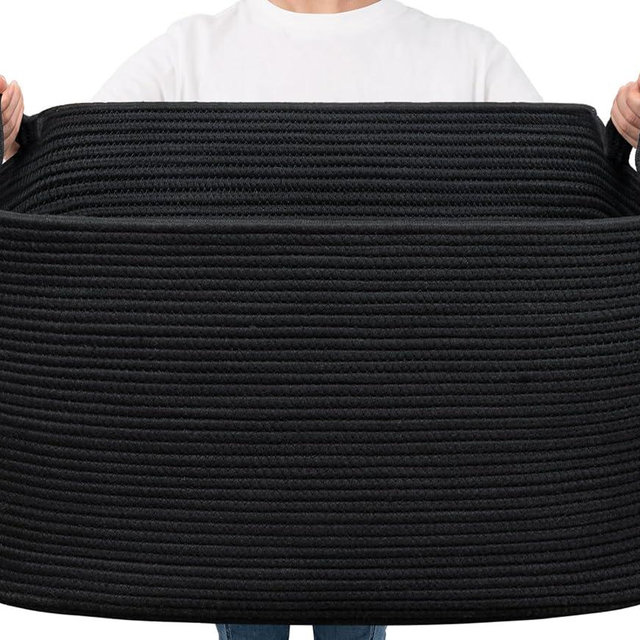 Goodpick Storage Basket, Rectangle Blanket Basket Living Room, Dirty Clothes Basket for Laundry, Extra Large Cotton Rope Basket for Pillows, Toys, 23.6" x 15.7" x 13.8", Black