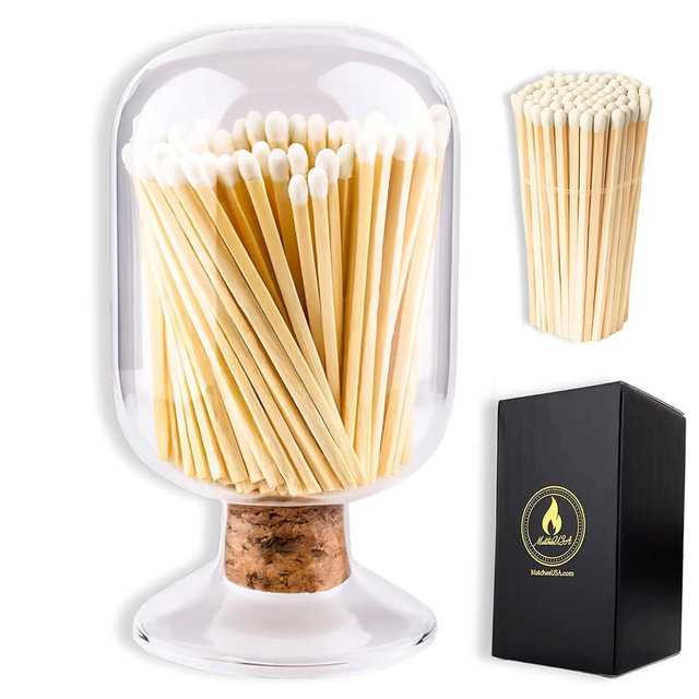 Includes Matches | Decorative Glass Matches Cloche | Bottle Jar Fireplace Candle Match Holder Gift Set