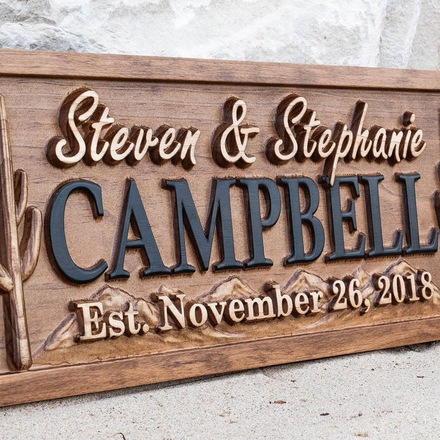 Custom Cactus Wood Name Sign | Desert Home Established Family Sign | Carved Wood Last Name Sign, Personalized Wedding Gift, Anniversary Gift