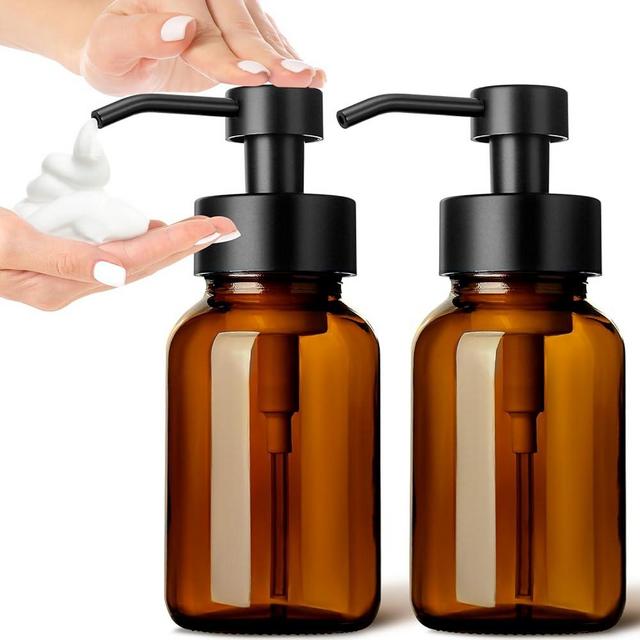GMISUN Foaming Soap Dispenser, 8.5 Oz Amber Glass Foam Soap Dispenser for Bathroom & Kitchen, 2 Pack Modern Refillable Foaming Hand Soap Dispenser, Foam Pump Bottle with Waterproof Labels