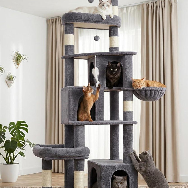 LIKISAK Heavy Duty Cat Tree for Indoor Cat, 74 Inch Cat Tower with Scratching Post, Hanging Basket, Cat Condo with Large Platform for Large Cats, PMT04DG, Dark Grey
