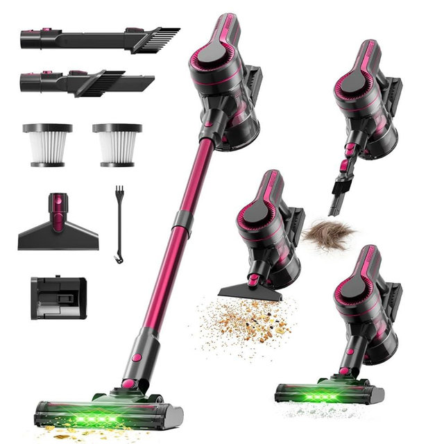 Cordless Vacuum Cleaner for Home,600W 40000PA 70Mins, Self-Standing,Powerful Suction Anti-Tangle Long&Pet Hair, Easily Picks Up Hard/Soft Debris for All Surfaces:Hardwood Floors,Tile,Carpet (Fuchsia)