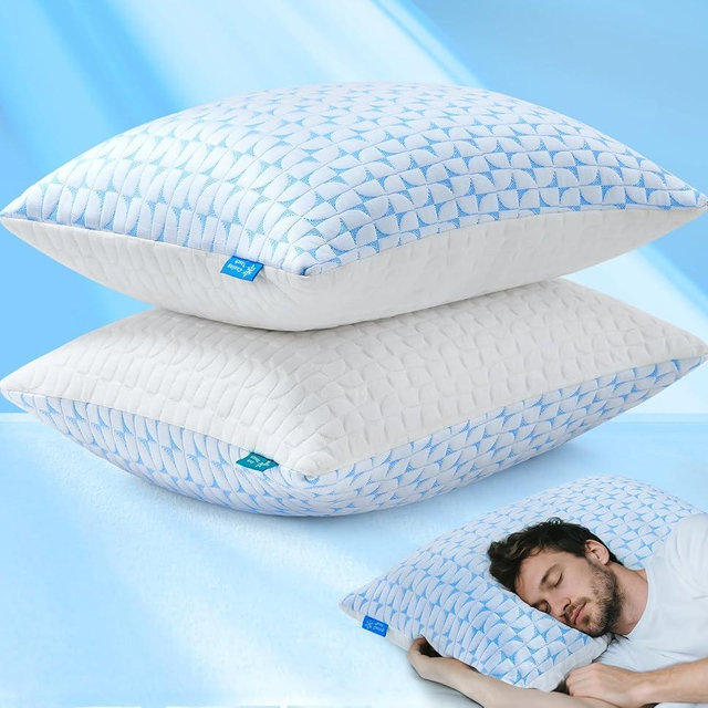 Firm Pillow Shredded Memory Foam(Adjustable Loft), Cooling Supportive Side Sleeper Pillows for Sleeping, Bed Pillows Standard Size Set of 2, Washable Removable Cover, CertiPUR-US Certified, Blue