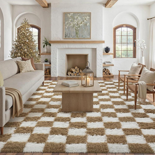 PureCozy 9x12 Area Rugs for Living Room Brown Soft Shag Checkered Large Rug Modern Washable Indoor Office Fuzzy Carpet Non-Slip Fluffy Rugs for Bedroom Nursery Dorm Playroom Home Aesthetic Decor